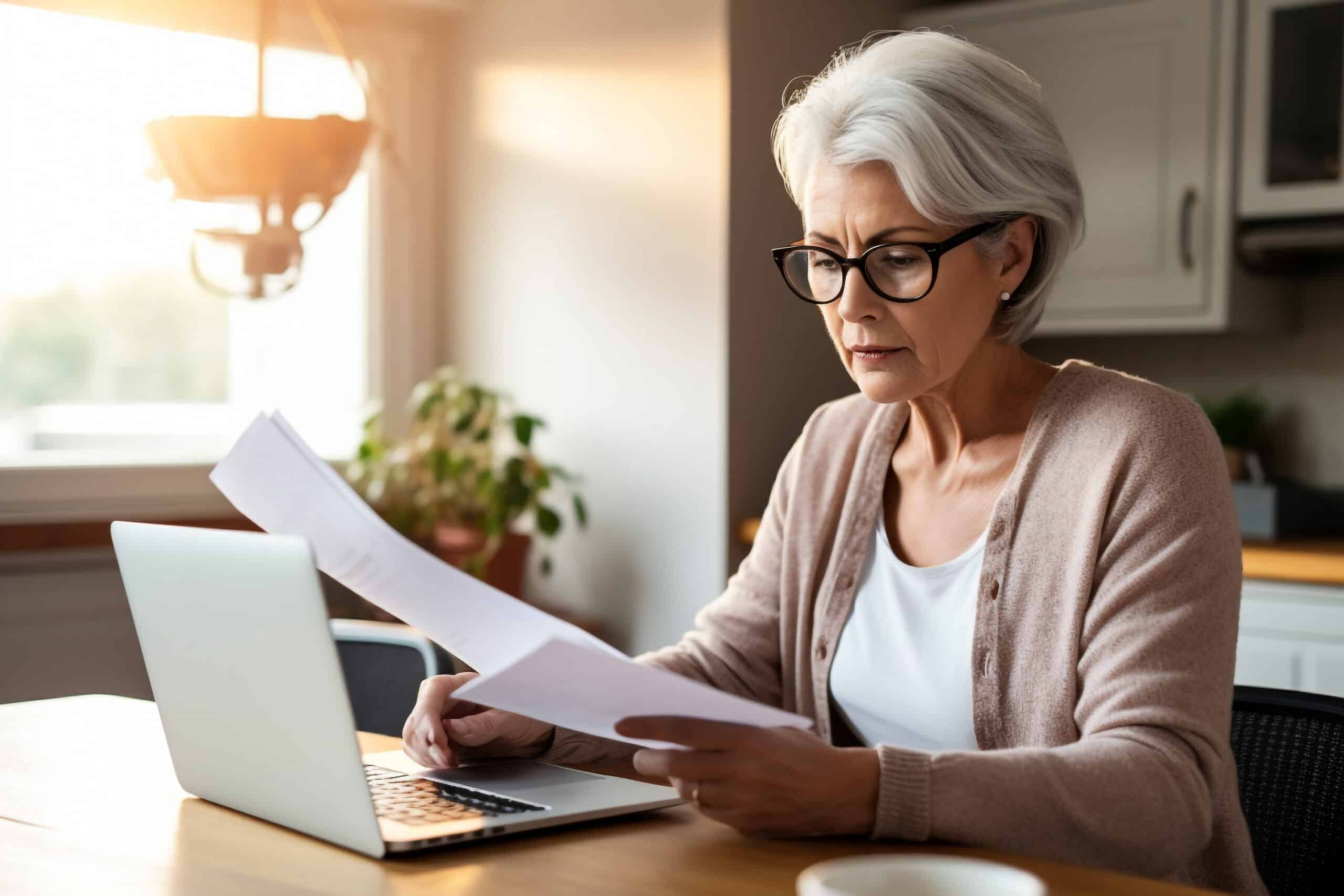 Middle aged senior woman sit with laptop and paper document. Pensive older mature lady reading paper bill pay online at home managing bank finances calculating taxes planning loan debt pension payment