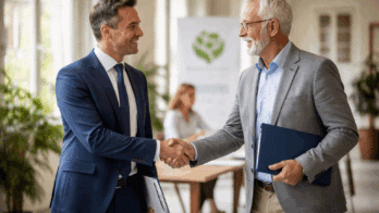 Corporate philanthropy concept: a business executive shaking hands with a nonprofit representative in a bright, elegant office setting, symbolizing long-term commitment, trust, and meaningful social impact.