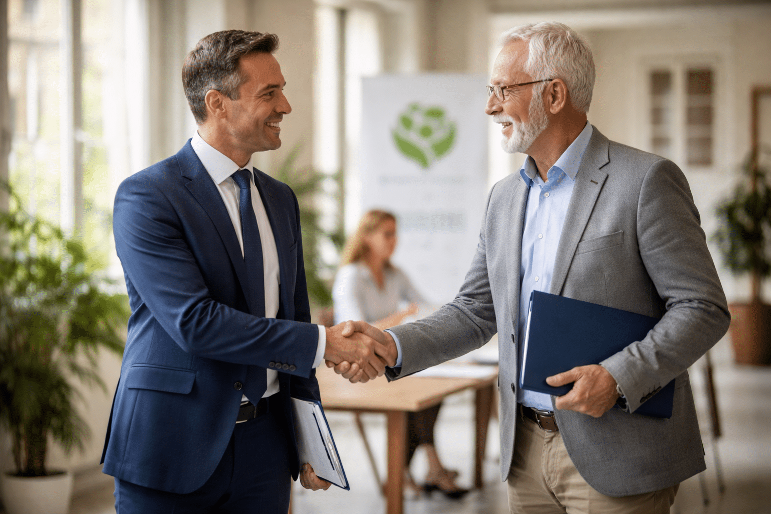 Corporate philanthropy concept: a business executive shaking hands with a nonprofit representative in a bright, elegant office setting, symbolizing long-term commitment, trust, and meaningful social impact.